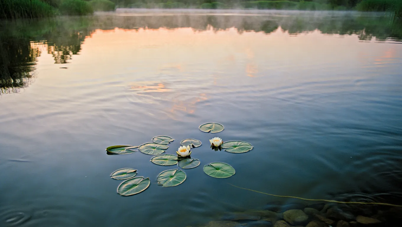 Peaceful morning scene with gentle water ripples reflecting soft light