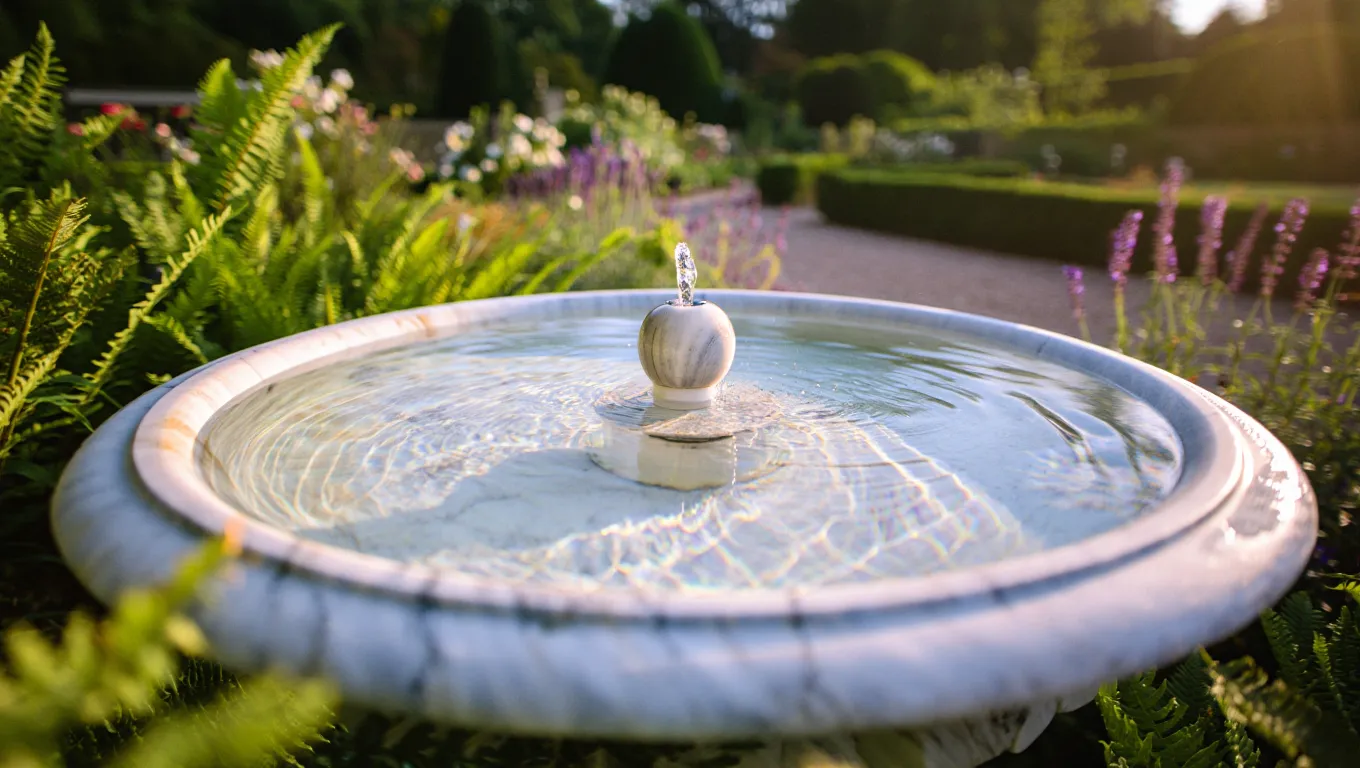 Tranquil water fountain in a peaceful garden setting during daytime
